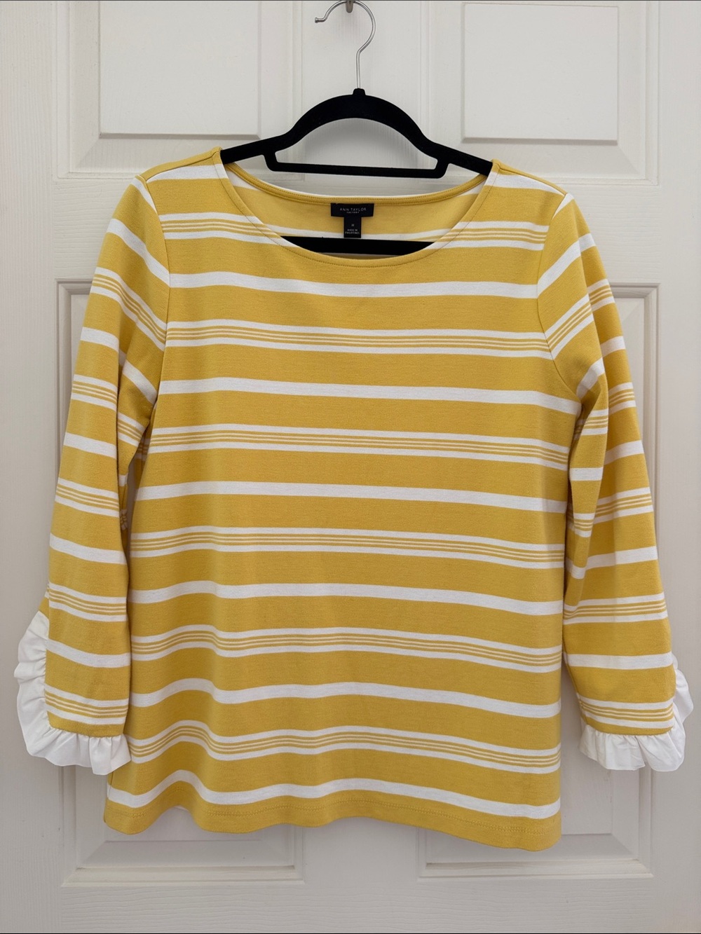 Ann Taylor Yellow and White Striped Long Sleeve Top with Ruffle Cuffs